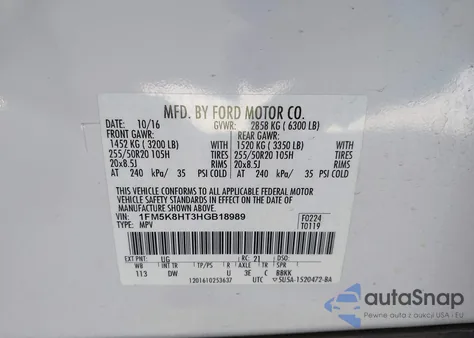 2017 Ford Explorer Platinum из США, поврежденный, VIN 1FM5K8HT3HGB18989